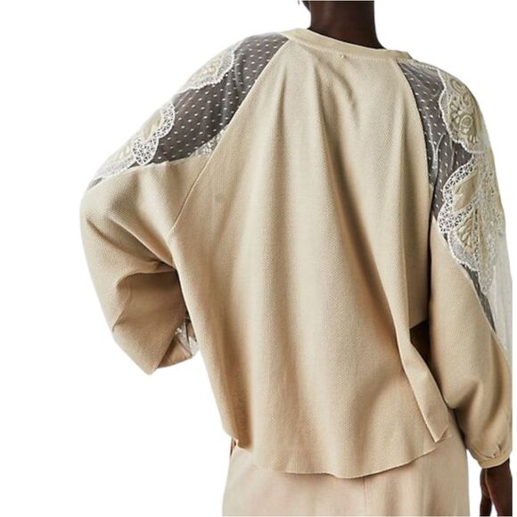 Free People Toni Boho Tunic Beige Lace Thermal Flowy Oversized Top Size Small - Picture 4 of 12